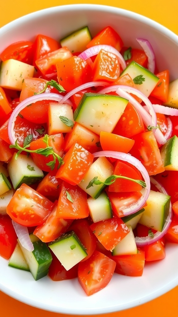 A refreshing salad with diced tomatoes, cucumbers, and red onions, garnished with herbs in a bowl.